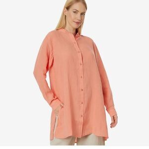 Eileen Fisher 100% Irish Linen Coral Pink Mandarin Collar Oversized Button Shirt